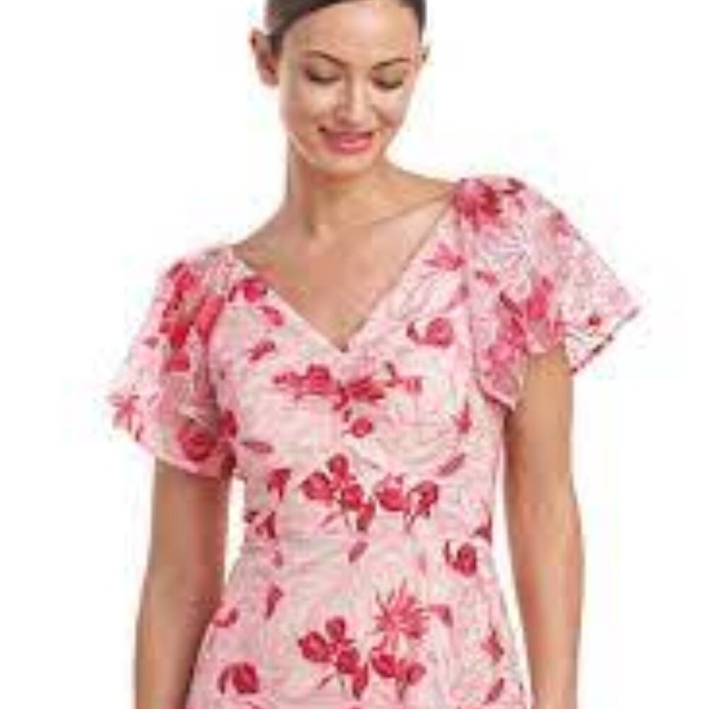 JS Collections embroidered Kaia pink rose flutter mermaid cocktail midi dress 4